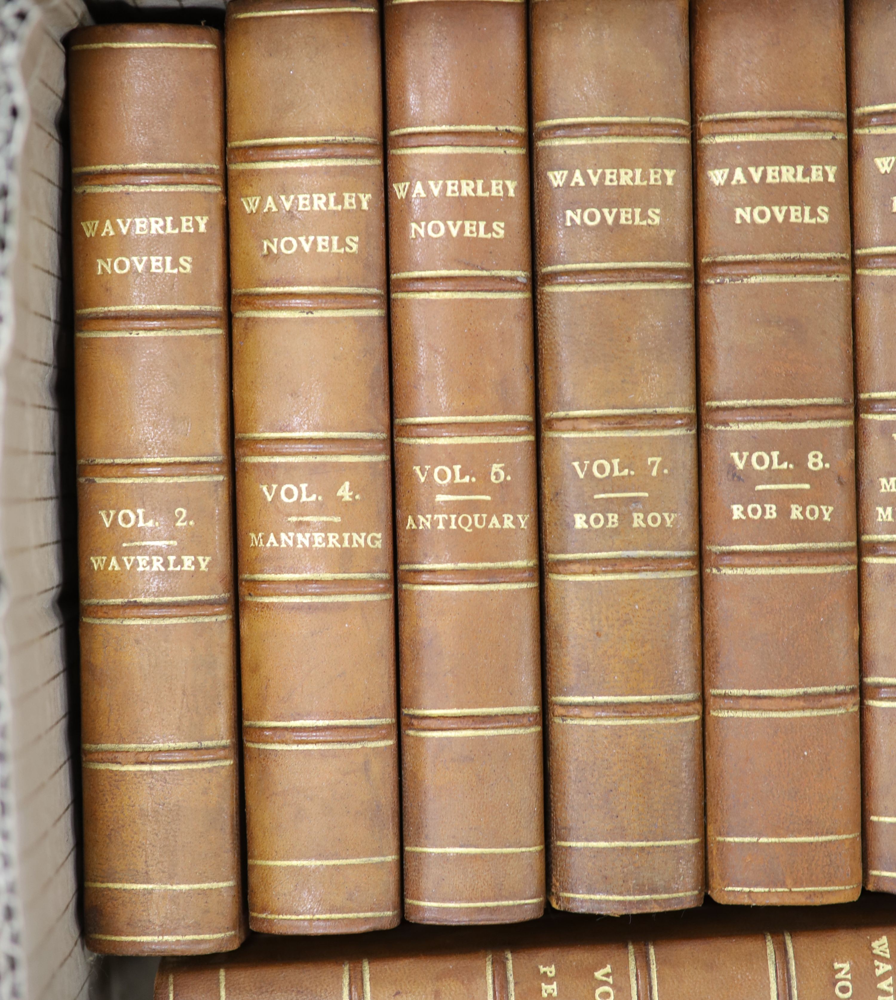 Anon. (Sir Walter Scott) - Waverly Novels. 48 vols. Each complete with an engraved frontispiece and title page vignette, with guards. Half calf and marble boards, gilt ruled and panelled spines with letters direct. Marbl